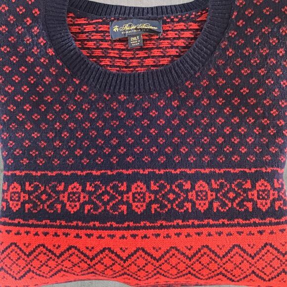 BROOKS BROTHERS Mens 2XLT Blue Red Nordic Fair Isle Merino Wool L/S Crew Sweater - Picture 3 of 8